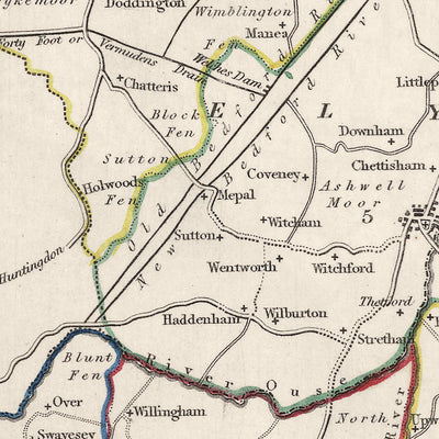 Old Map of Cambridgeshire by Samuel Lewis, 1844: Ely, Wisbech, Huntingdon, St Ives, and March