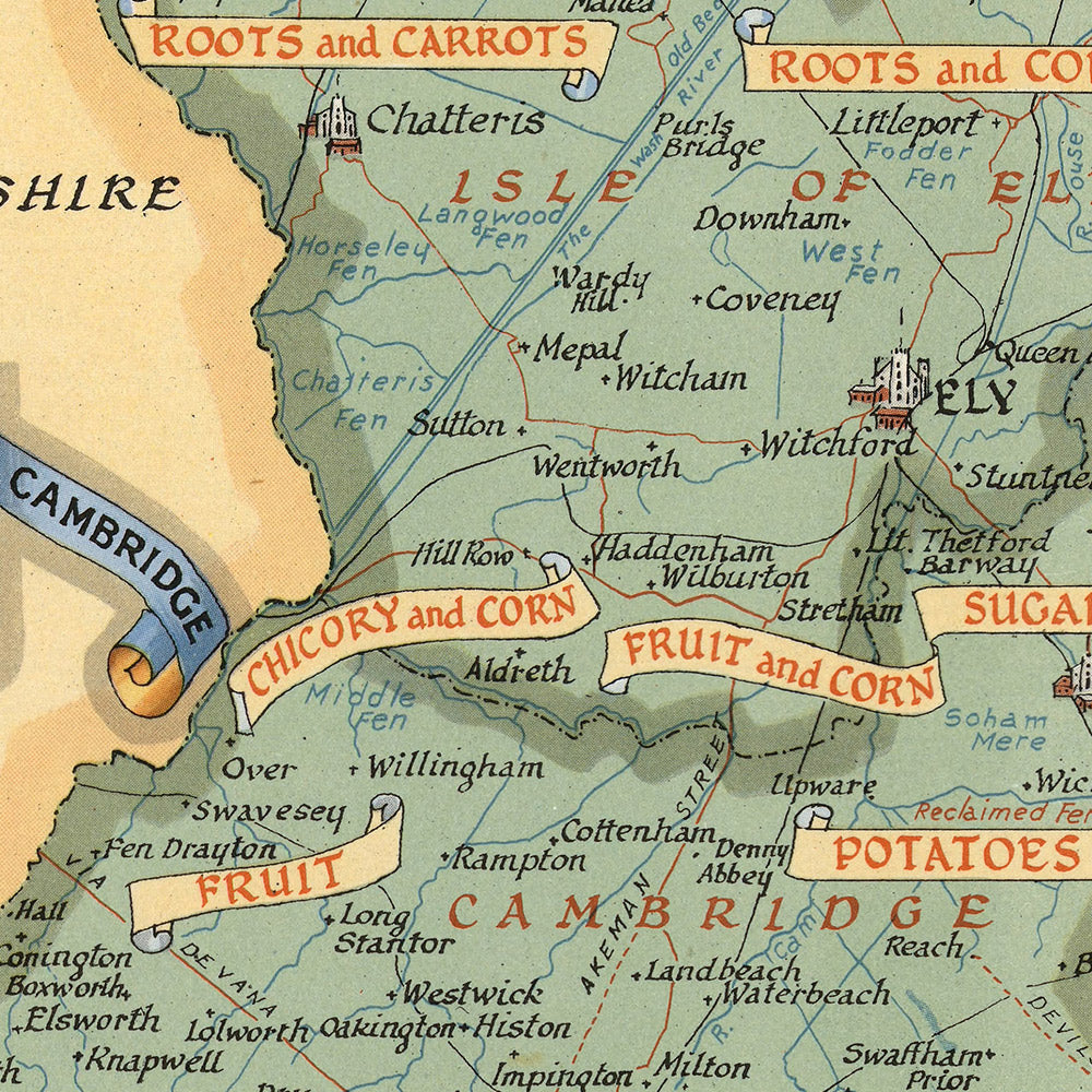 Ancienne carte illustrée du Cambridgeshire par Clegg, 1947 : Cambridge, Ely, Seconde Guerre mondiale, King's College, siège d'Ely