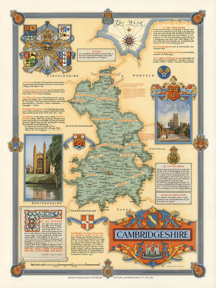 Mapa ilustrado antiguo de Cambridgeshire, realizado por Clegg, 1947: Cambridge, Ely, Segunda Guerra Mundial, King&