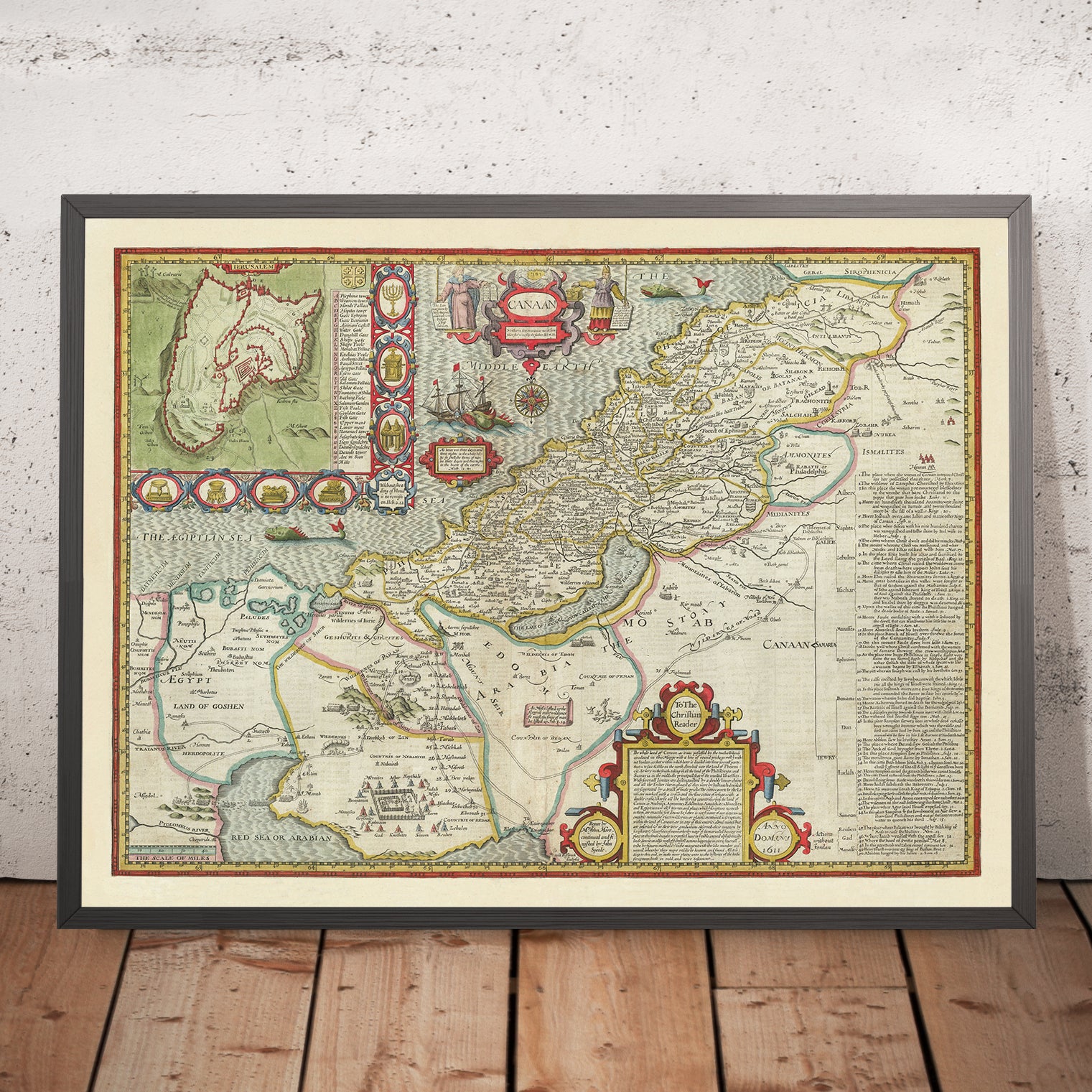Old Map of Canaan Holy Land by - Canaanholylandjohnspeed1611colour24x18landscapecopymockupframe 