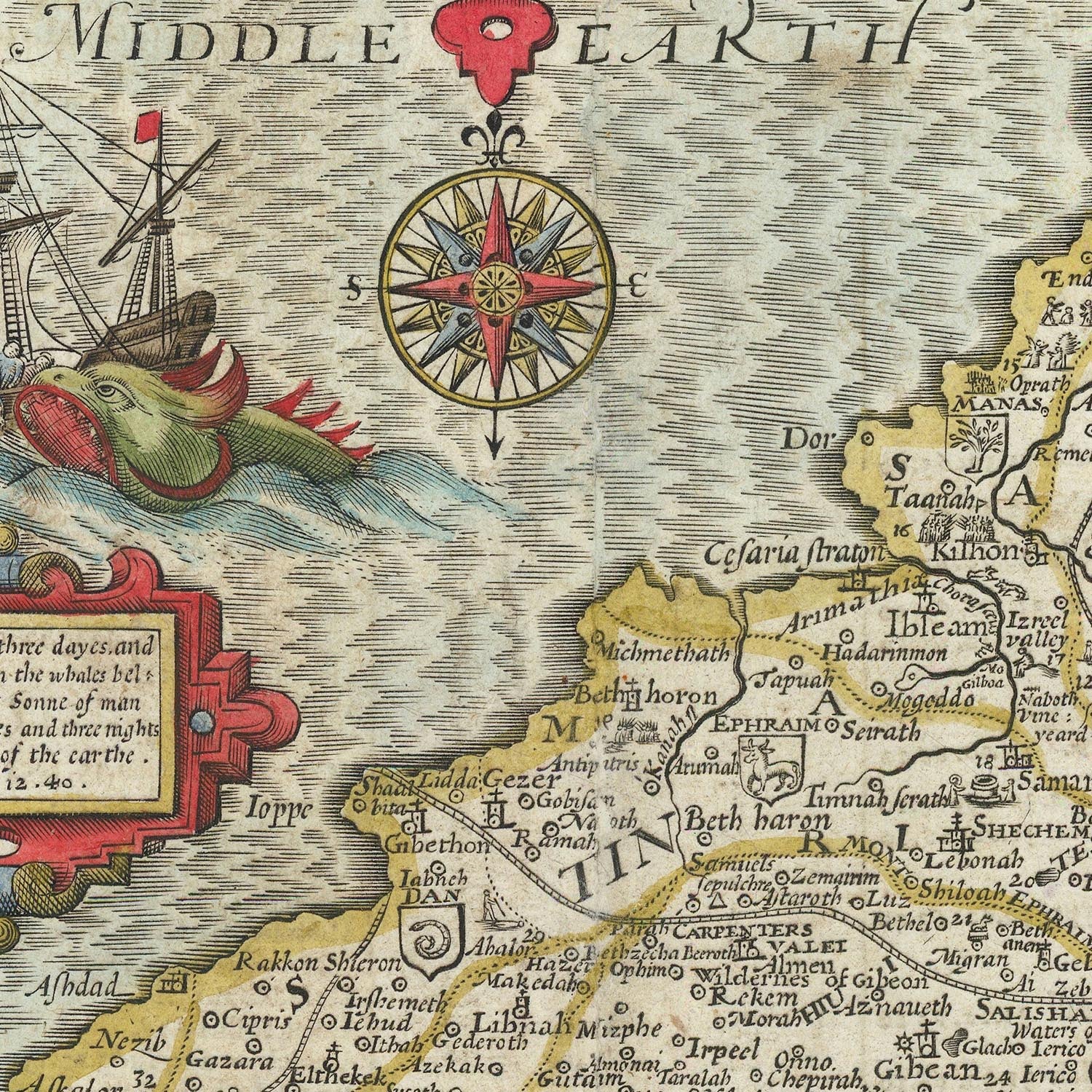 Old Map of Canaan (Holy Land) by John Speed, 1611: Jerusalem, Bethlehe ...