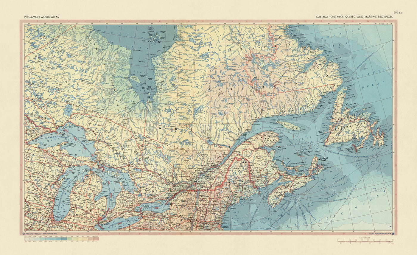 Mapa antiguo de Canadá realizado por el Servicio de Topografía del Ejército Polaco, 1967: Ontario, Quebec, provincias marítimas, estilo político y físico detallado, época histórica de los años 60
