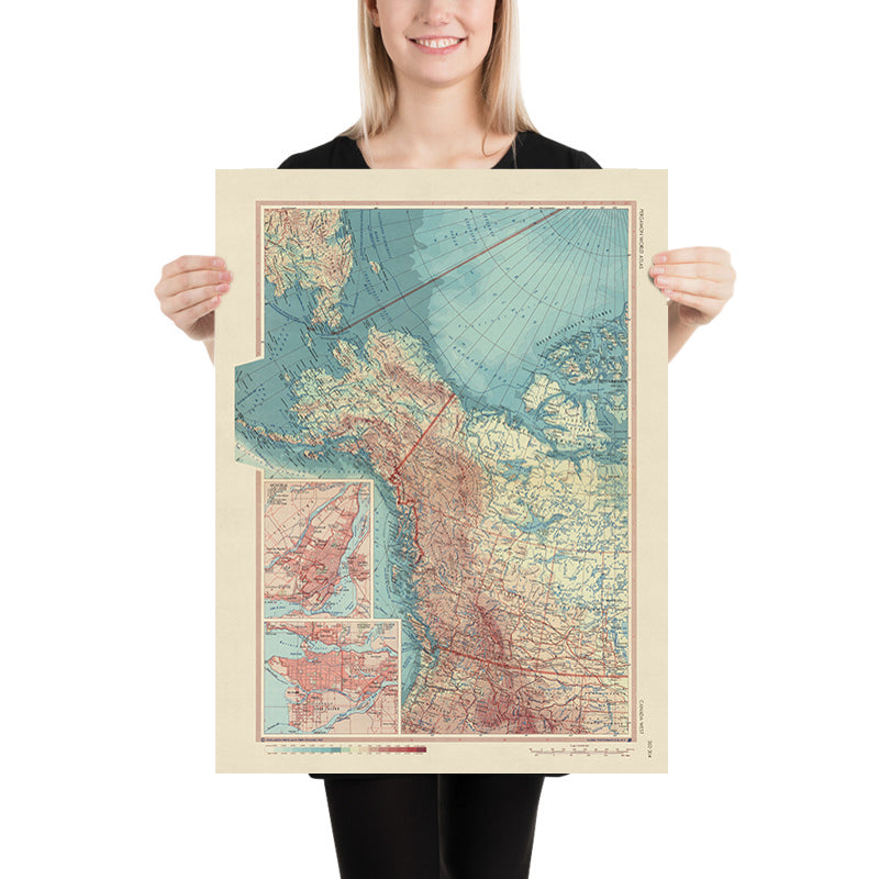 Ancienne carte de l'Ouest canadien par le Service topographique de l'armée polonaise, 1967 : Montréal, Vancouver, Territoire du Yukon, Territoires du Nord-Ouest, Colombie-Britannique