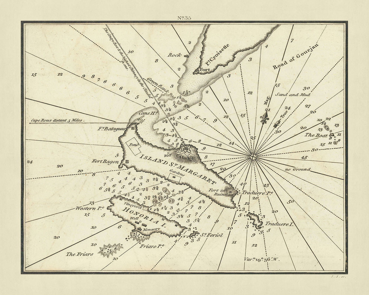 Old Lérins Islands and Bay of Cannes Nautical Chart by Heather, 1802: Forts, Monastery, Passages