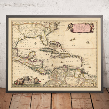 Antica mappa dei Caraibi, Florida e America Centrale di Visscher, 1690: Louisiana, Texas, Georgia, Yucatan, Triangolo delle Bermuda 