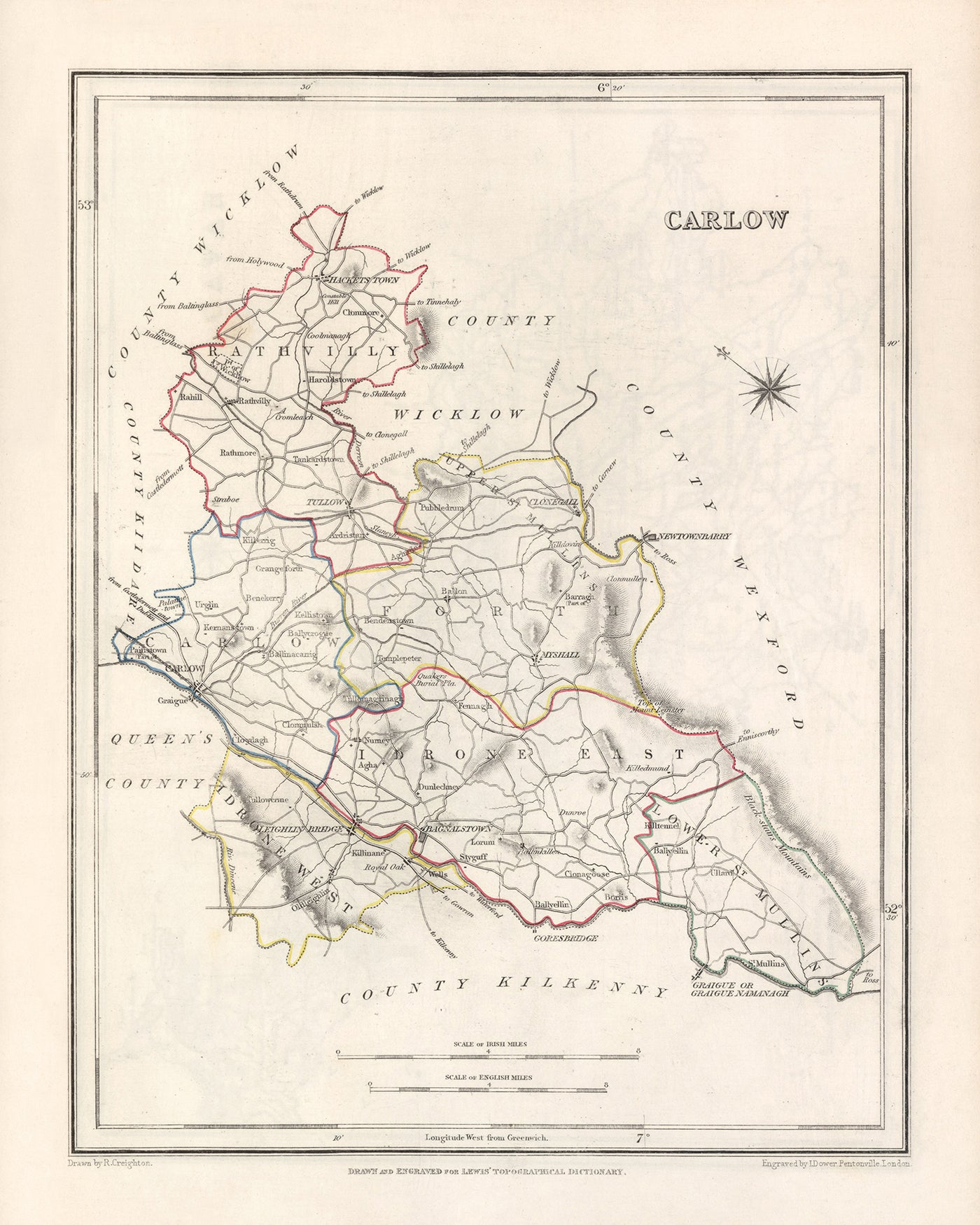 Mapa antiguo del condado de Carlow por Samuel Lewis, 1844: Tullow, Hacketstown, Leighlinbridge, Rathvilly, Myshall