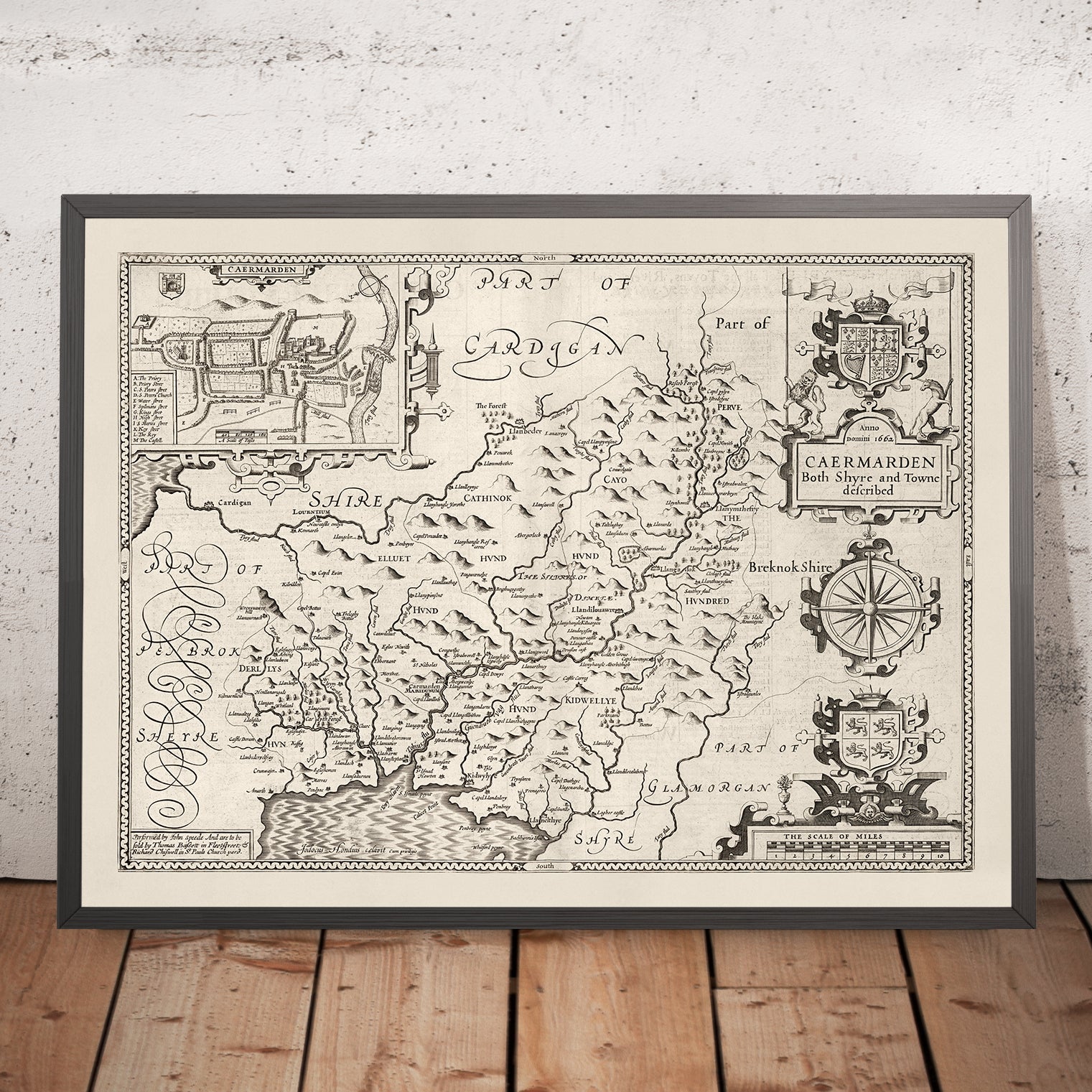 Old Monochrome Map of Carmarthenshire Wales, 1611 by John Speed - Carm ...