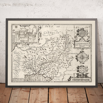 Antiguo mapa monocromo de Carmarthenshire, Gales, 1611 por John Speed - Carmarthen, Llanelli, Llandovery, Ammanford