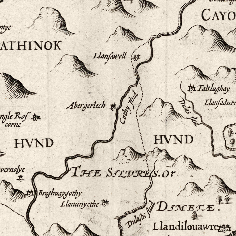 Old monochrome Carte of Carmarthenshire Wales, 1611 par John Speed ​​- Carmarthen, Llanelli, Llandovery, Ammanford