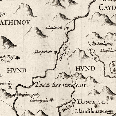 Old monochrome Carte of Carmarthenshire Wales, 1611 par John Speed ​​- Carmarthen, Llanelli, Llandovery, Ammanford