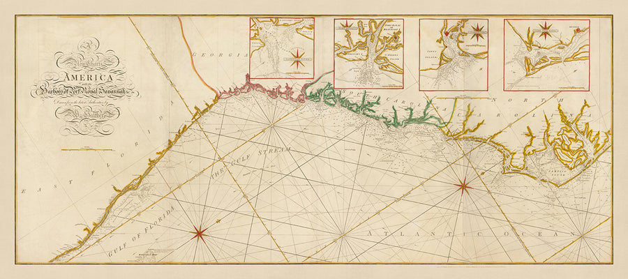Alter Küstenchart der Carolinas, Georgien & Ostflorida von Heather, 1799: Savannah, Charleston, Golfstrom 