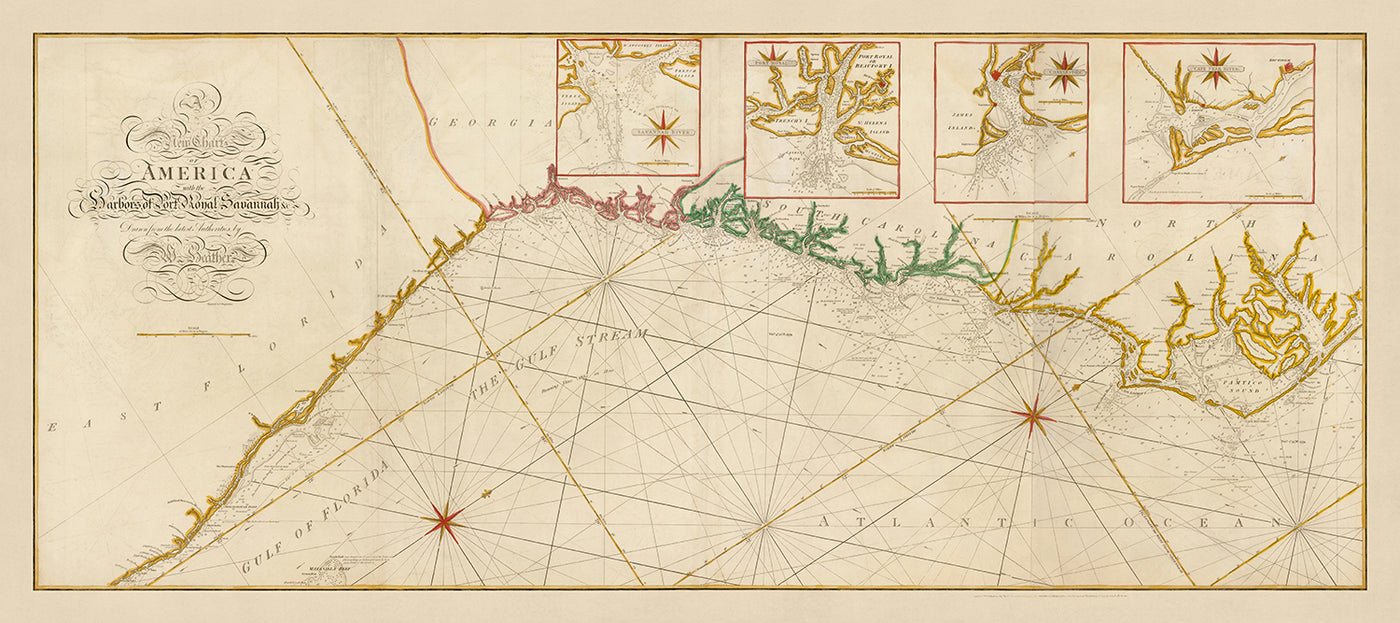 Old Coast Chart of the Carolinas, Georgia & East Florida by Heather, 1799: Savannah, Charleston, Gulf Stream