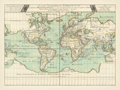 Carte du vieux monde, navigation et commerce, par Du Val, 1677 : la Californie comme île, l'Antarctique mythique, les routes commerciales