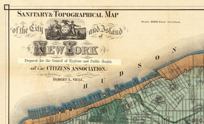 Alte Karte der Abwasserkanäle und Wasserstraßen Manhattans im Jahr 1865 von Ferdinand Mayer & Co - Hudson River, East River, Blackwells Island, NYC, Central Park