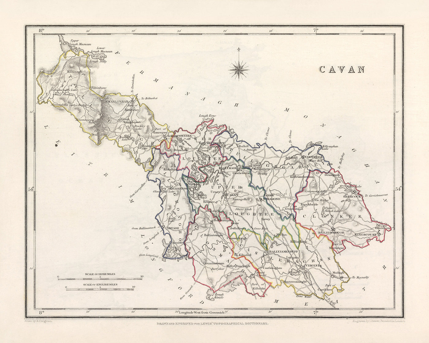 Ancienne carte du comté de Cavan par Samuel Lewis, 1844 : Belturbet, Cootehill, Bailieborough, Virginie, et plus