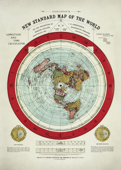 Alter Flacherde-Weltkarte, 1892, von Alexander Gleason - Seltene patentierte polare azimutale Projektion 