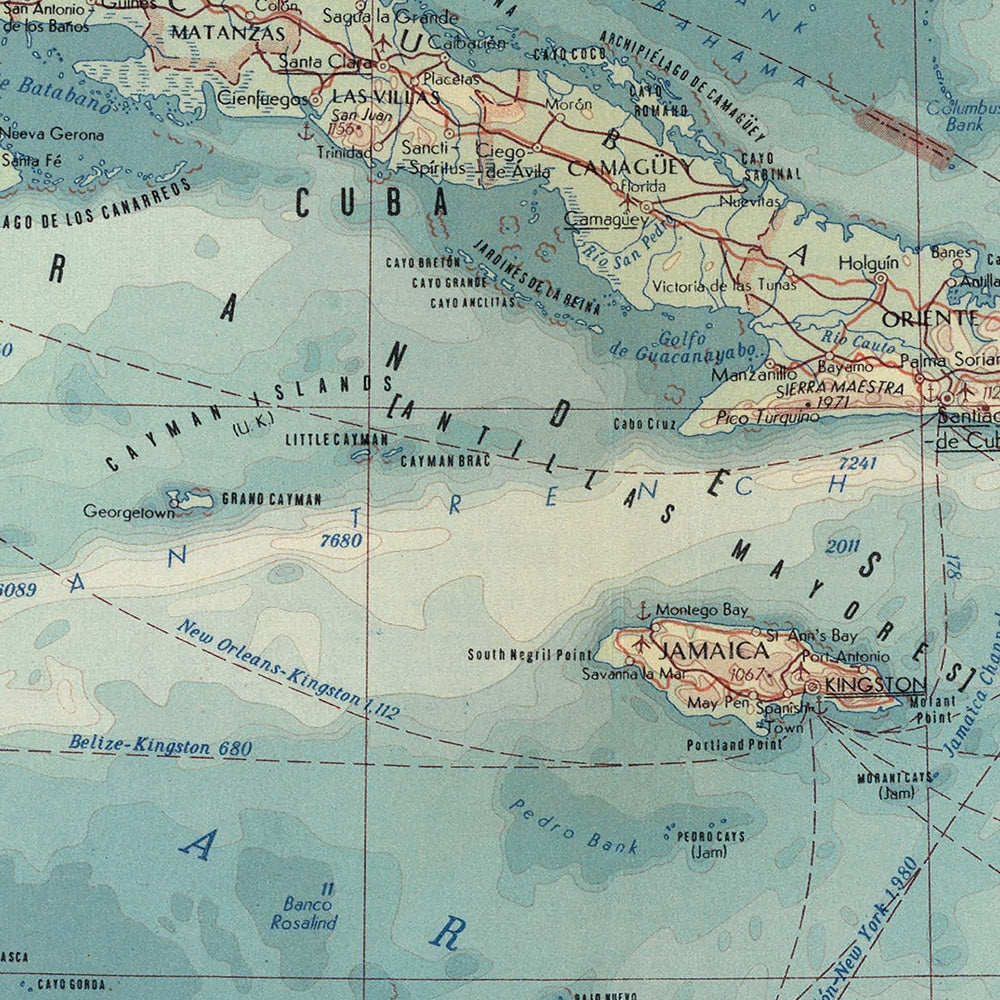Old Map of Central America and the West Indies, 1967: Panama Canal, Florida Peninsula, Caribbean Sea & Islands