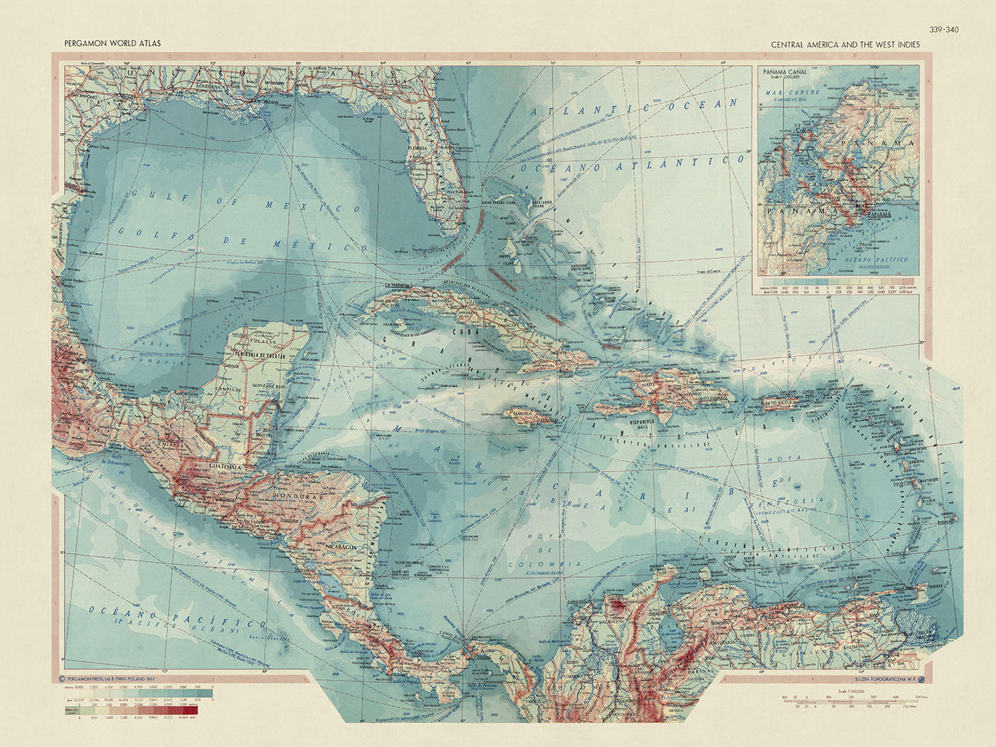 Old Map of Central America and the West Indies, 1967: Panama Canal, Florida Peninsula, Caribbean Sea & Islands