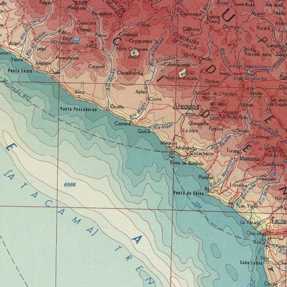 Mapa antiguo de los Andes centrales, 1967: Andes centrales, Islas Galápagos, Lima, representación política y física detallada, Perú