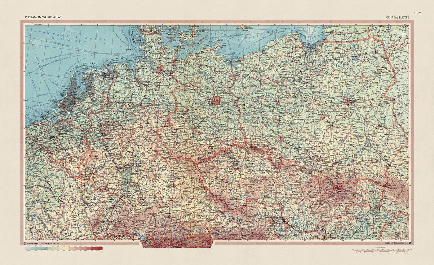 Old Map of Central Europe, 1967: Germany, Poland, Czechia, Belgium, Netherlands