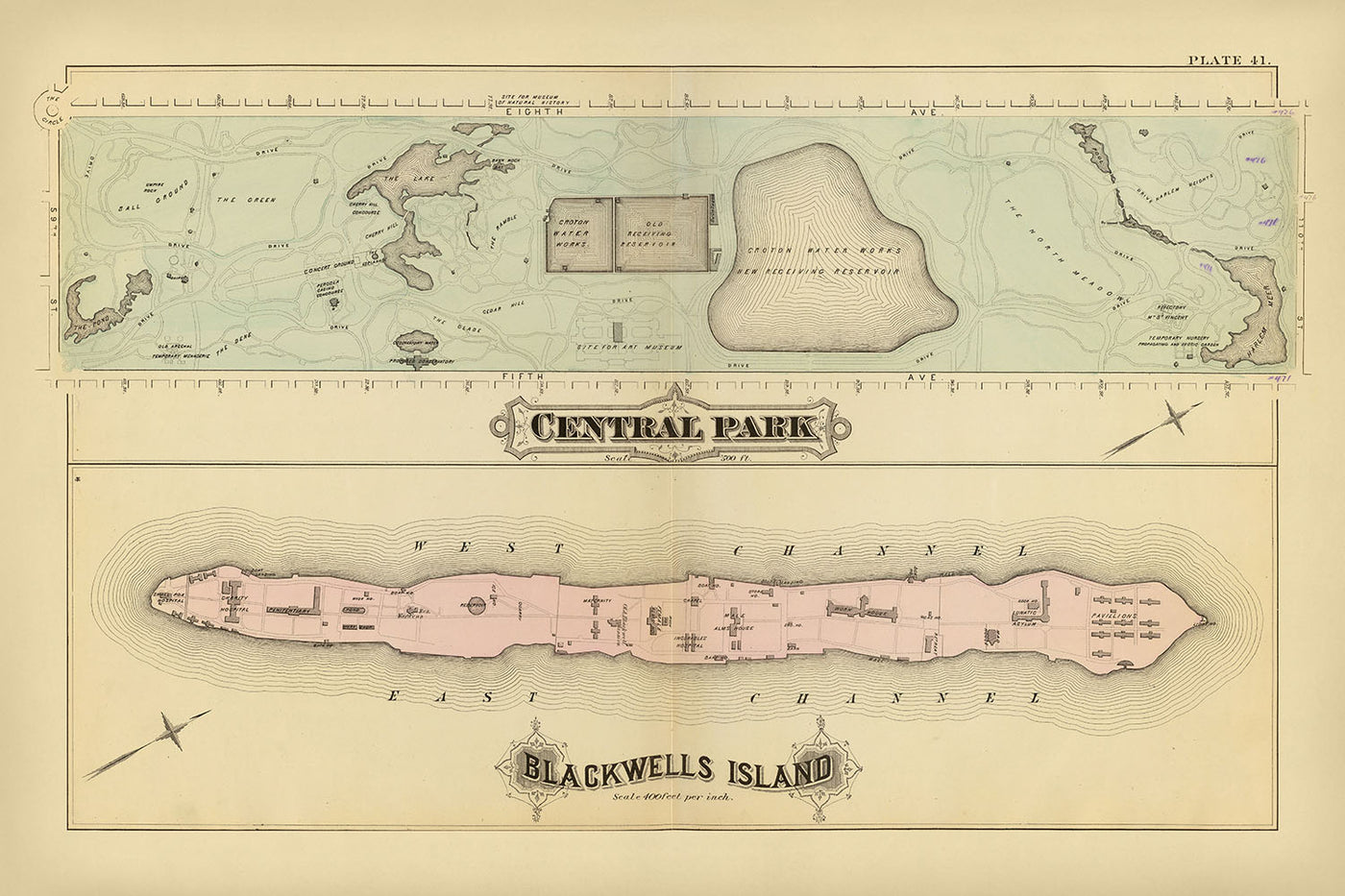 Alte Karte von New York City von Bromley, 1879: Central Park, Blackwells Island, The Lake, The Pond, Harlem Meer