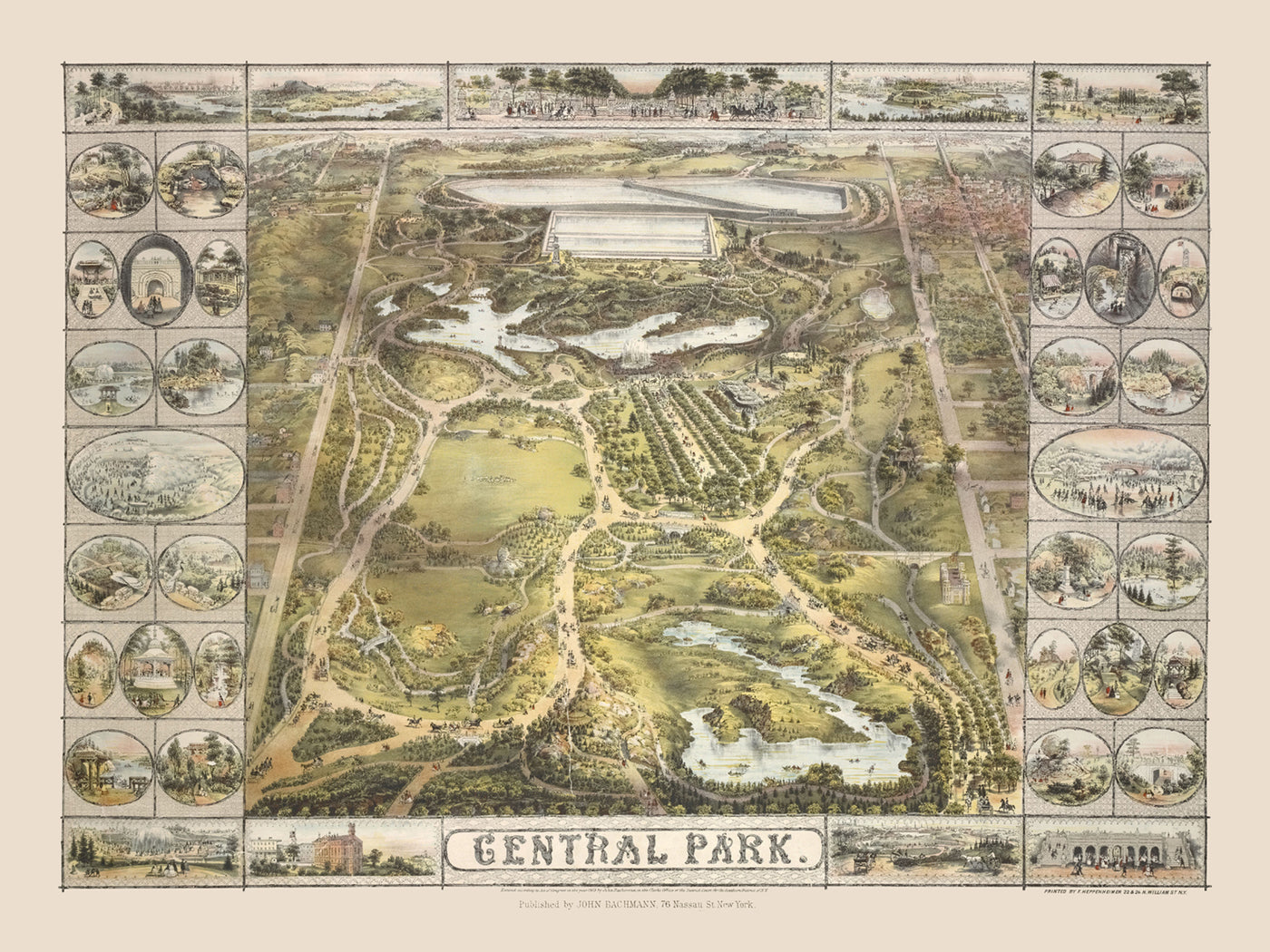 Mapa antiguo de Central Park, Nueva York por Bachmann, 1863: Fuente Bethesda, Sheep Meadow, The Ramble, Cherry Hill