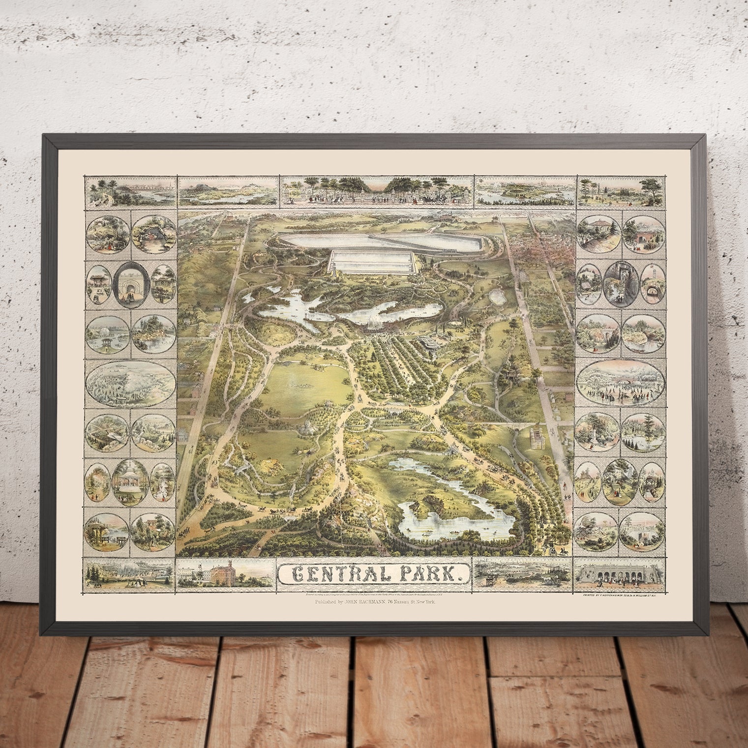 Old Map of Central Park, NYC by Bachmann, 1863: Bethesda Fountain, She ...