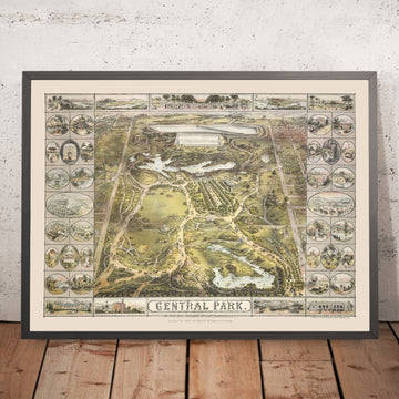 Mappa antica di Central Park, NYC di Bachmann, 1863: Fontana di Bethesda, Prato delle Pecore, The Ramble, Cherry Hill 