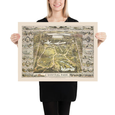 Mapa antiguo de Central Park, Nueva York por Bachmann, 1863: Fuente Bethesda, Sheep Meadow, The Ramble, Cherry Hill