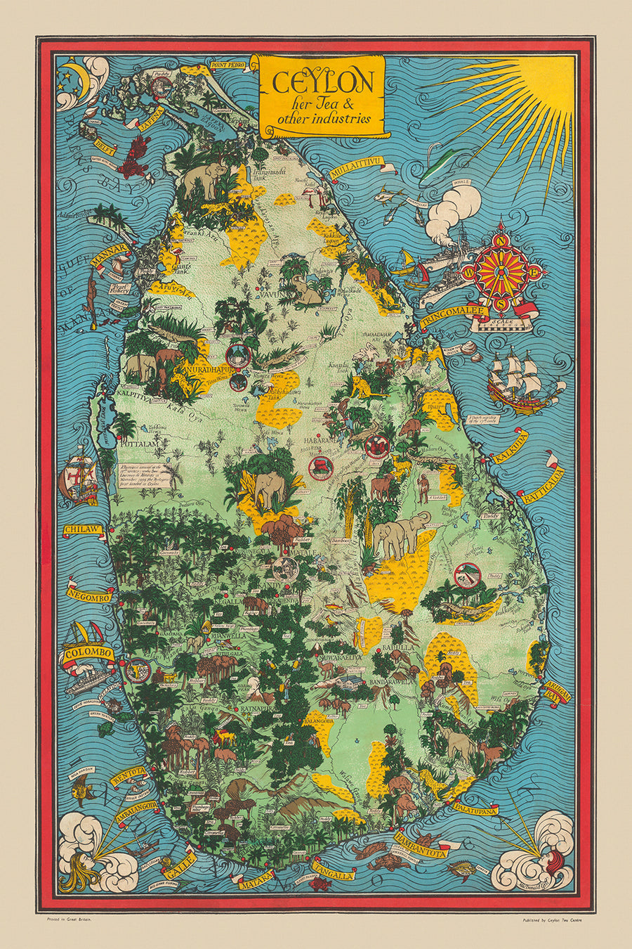 Mappa Pittorica Antica di Ceylon (Sri Lanka) di Gill, 1933: Elefanti, Tè, Colombo, Picco di Adamo, Scene della Giungla 