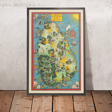 Alter bildlicher Karte von Ceylon (Sri Lanka) von Gill, 1933: Elefanten, Tee, Colombo, Adams Peak, Dschungelszenen 