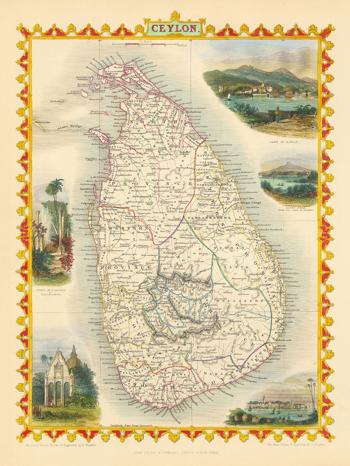 Map Columbo Old Map of Sri Lanka by Tallis & Rapkin, 1851: Ceylon, Colombo, Kandy ...