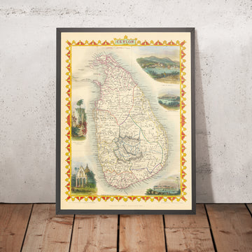 Alte Karte von Sri Lanka von Tallis & Rapkin, 1851: Ceylon, Colombo, Kandy, Tempel des Buddha, Ruinen von Dagora 