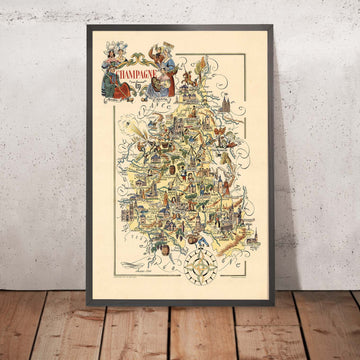Antiguo mapa pictórico de Champaña de Liozu, 1951: Reims, Troyes, río Marne, bosque de las Ardenas, bosque de Argonne.