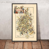 Alter bildlicher Stadtplan von Champagne von Liozu, 1951: Reims, Troyes, Marne, Ardennenwald, Argonnenwald. 