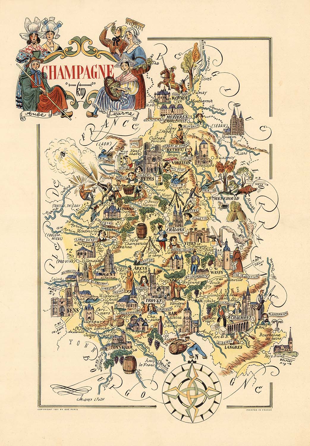 Old Pictorial Map of Champagne by Liozu, 1951: Reims, Troyes, Marne River, Ardennes Forest, Argonne Forest.