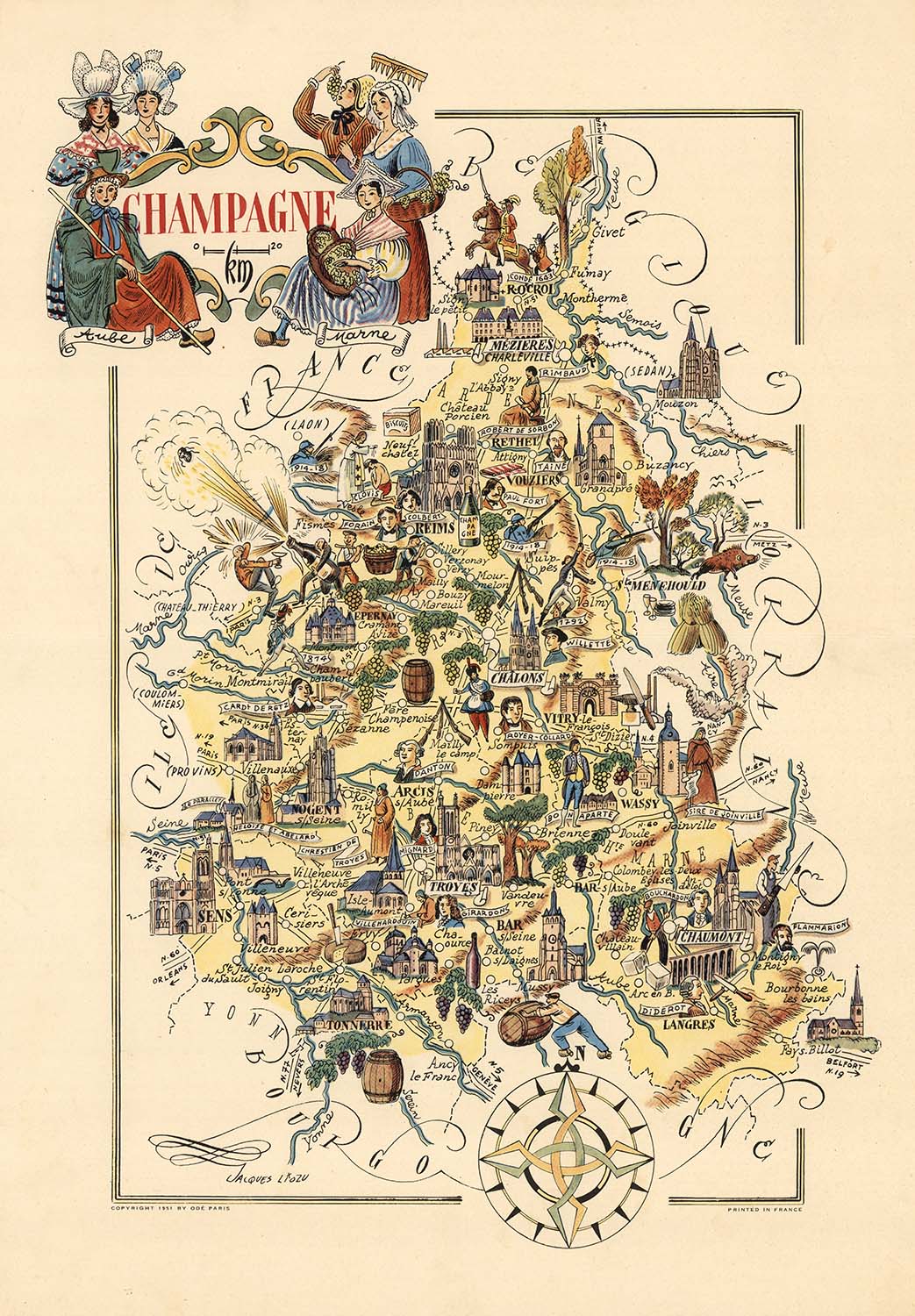 Old Pictorial Map of Champagne by Liozu, 1951: Reims, Troyes, Marne Ri ...