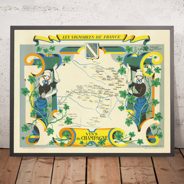 Alte Weinkarte der Champagne-Region von Hetreau, 1954: Reims, Troyes, Epernay, Fluss Marne, Weinberge 
