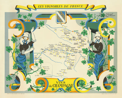 Alte Bildkarte der Champagnerregion von Hetreau, 1954: Reims, Troyes, Epernay, Marne, Weinberge