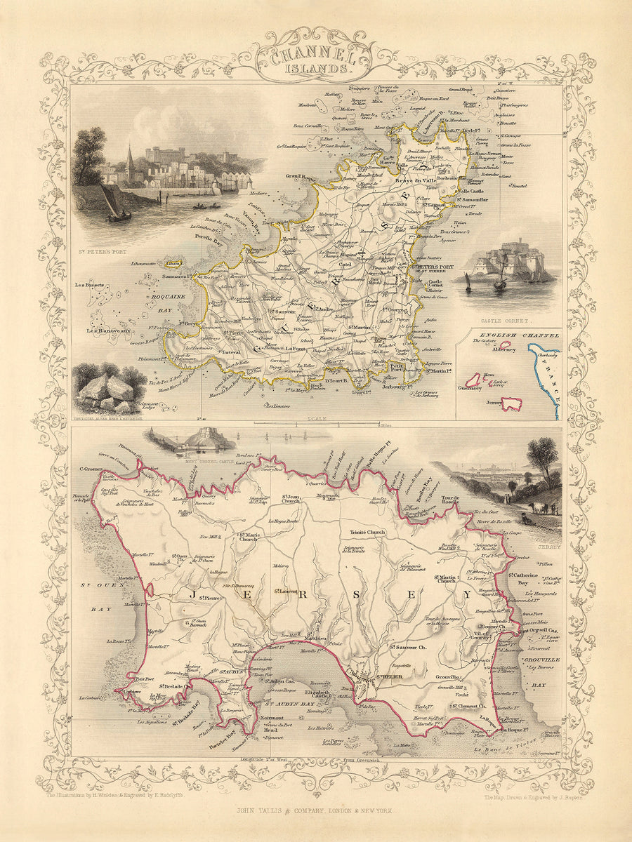 Alte Karte der Kanalinseln (Jersey und Guernsey) von Tallis & Rapkin 1851: St. Helier, St. Peter Port, Gorey, Castle Cornet, Elizabeth Castle 