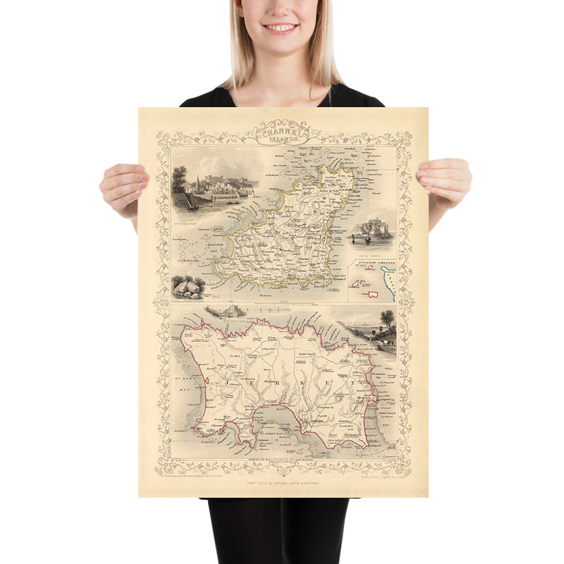 Alte Karte der Kanalinseln (Jersey und Guernsey) von Tallis & Rapkin 1851: St. Helier, St. Peter Port, Gorey, Castle Cornet, Elizabeth Castle 