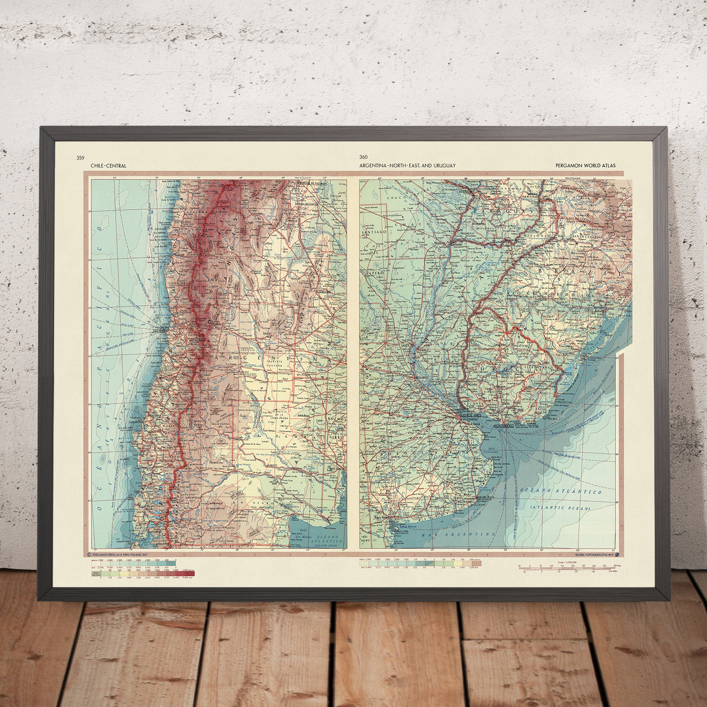 Alte Karte von Chile, Argentinien und Uruguay, 1967: Santiago, Buenos Aires, Montevideo, Anden, Pampa
