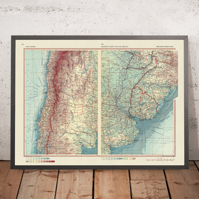 Ancienne carte du Chili, de l'Argentine et de l'Uruguay, 1967 : Santiago, Buenos Aires, Montevideo, Andes, Pampa
