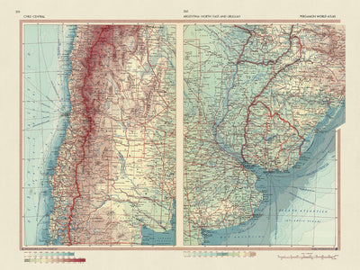 Alte Karte von Chile, Argentinien und Uruguay, 1967: Santiago, Buenos Aires, Montevideo, Anden, Pampa