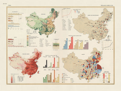 Alte Infografik-Karte von China: Landwirtschaft, Industrie und Handel, 1967