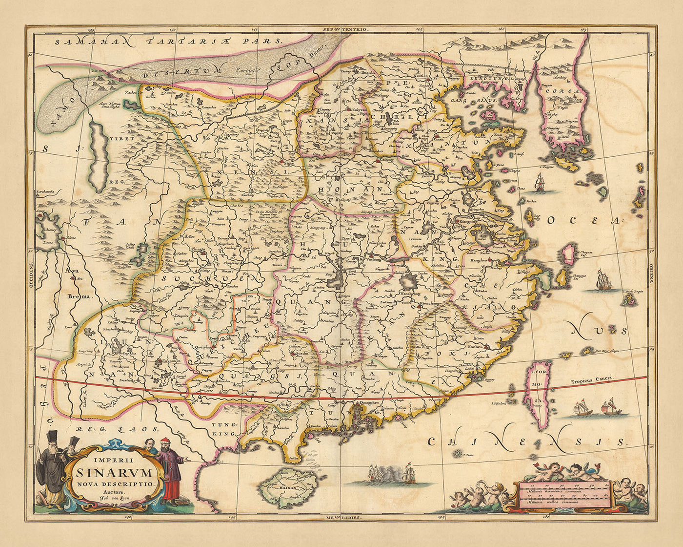 Ancienne carte de l'Empire chinois par Visscher, 1690 : Chine orientale, Chine méridionale, Taiwan, Hong Kong, Macao