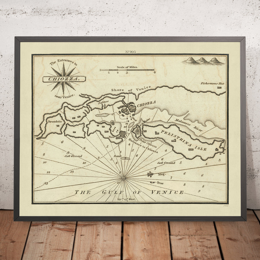 Alter Eingang zur nautischen Karte von Chioggia von Heather, 1802: Golf von Venedig, Malamocco-Fluss 