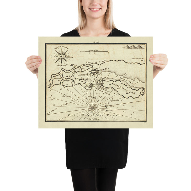 Alter Eingang zur nautischen Karte von Chioggia von Heather, 1802: Golf von Venedig, Malamocco-Fluss 