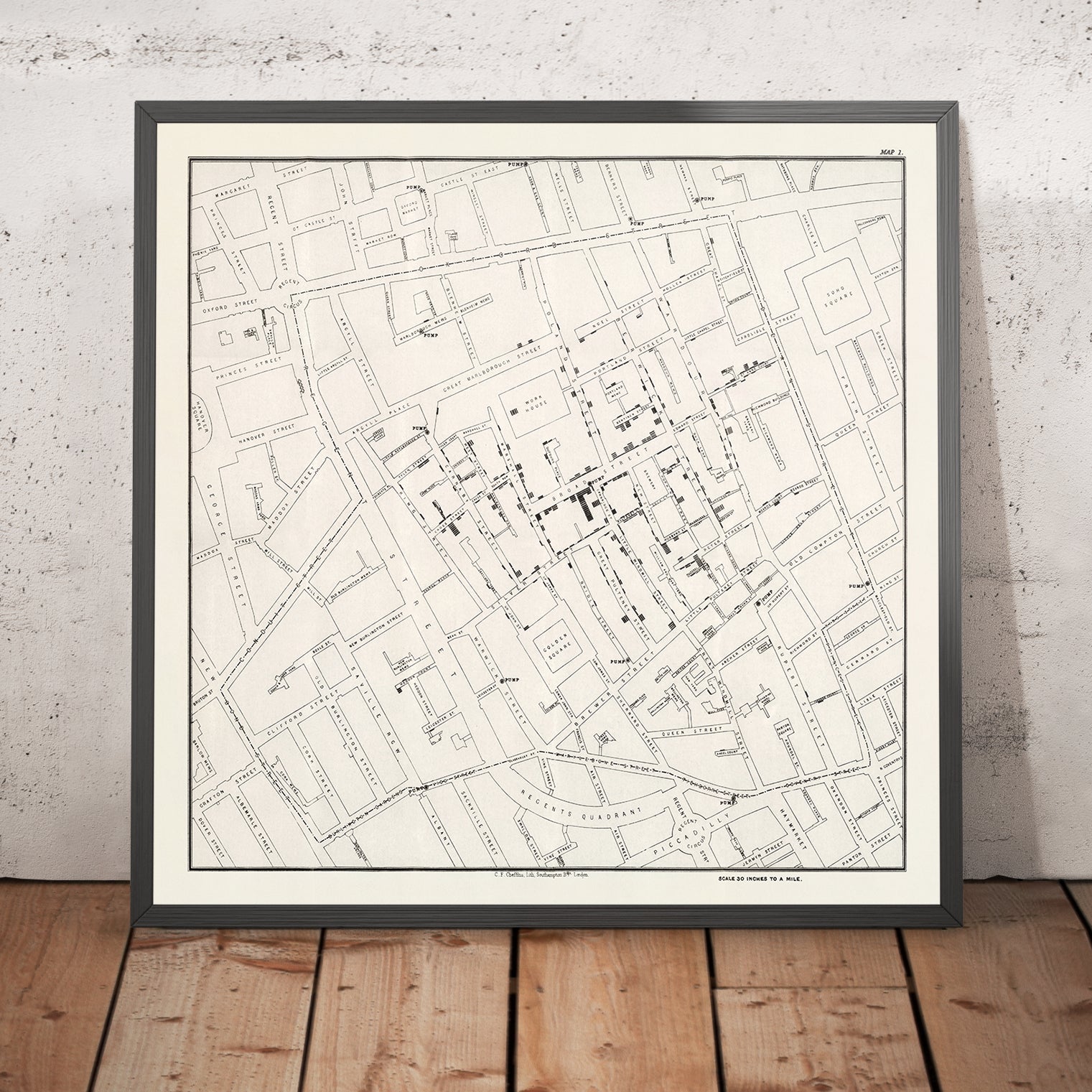 Old Map of the Cholera Outbreak in London by John Snow, 1855: Water Pu ...