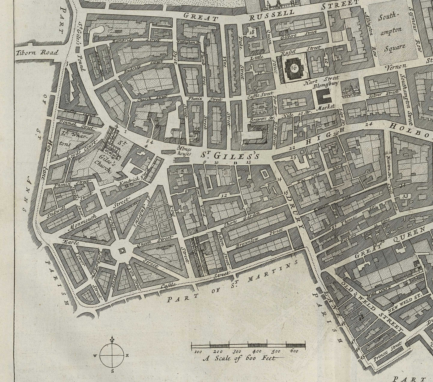 Ancienne carte de Londres St Giles en 1720 par John Strype et John Stow - Great Russell Street, Lincoln's Inn Fields, High Holborn, Drury Lane